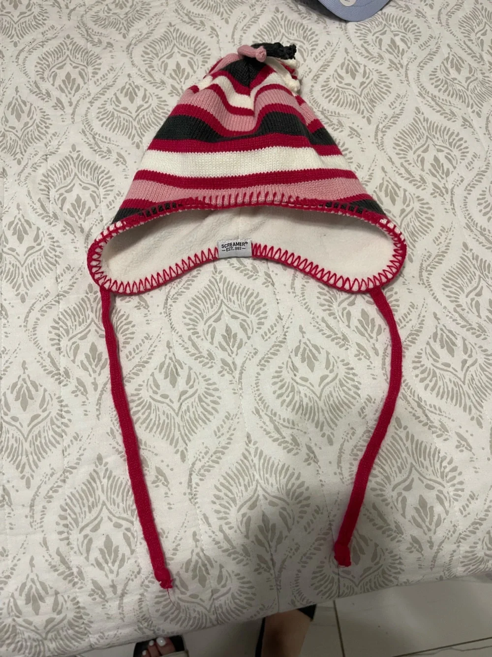 Striped Earflap Kids Hat with Pom - Pink/Black/White